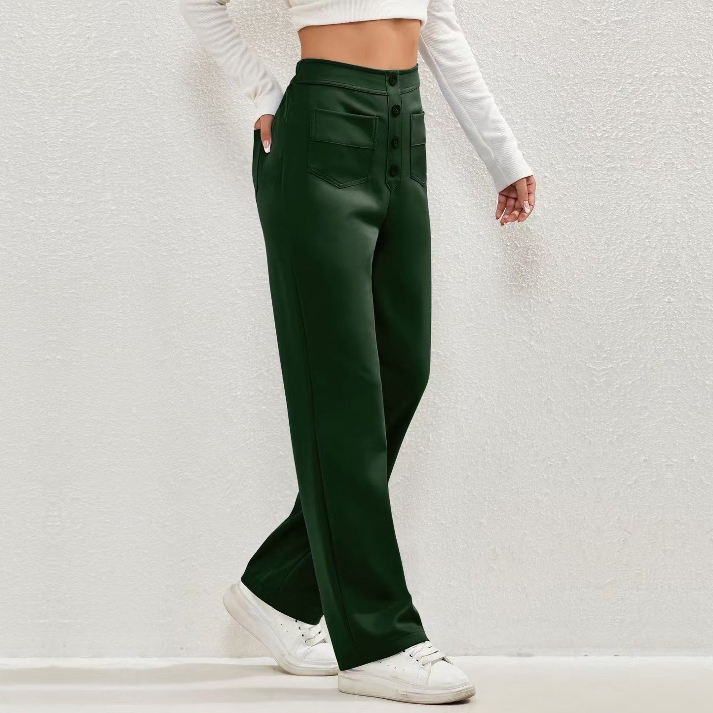 Women's Fashion Wear Casual Straight High Waist Button Pants