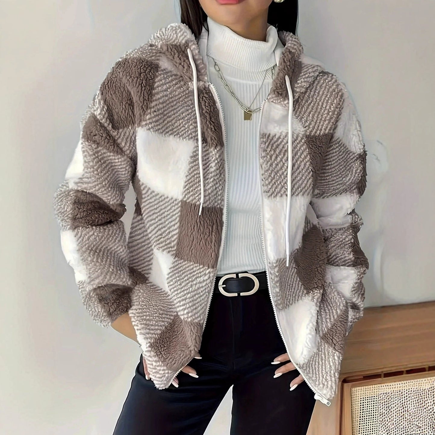 Women's Plaid Loose Casual Hooded Zipper Plush Jackets