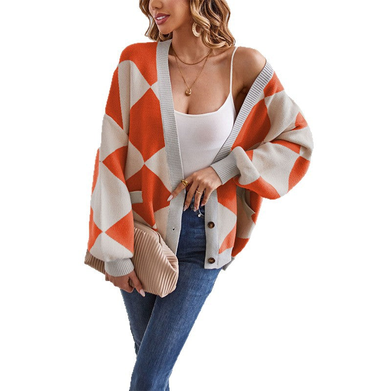 Women's Plaid Stitching Contrast Color Loose Knitted Sweaters