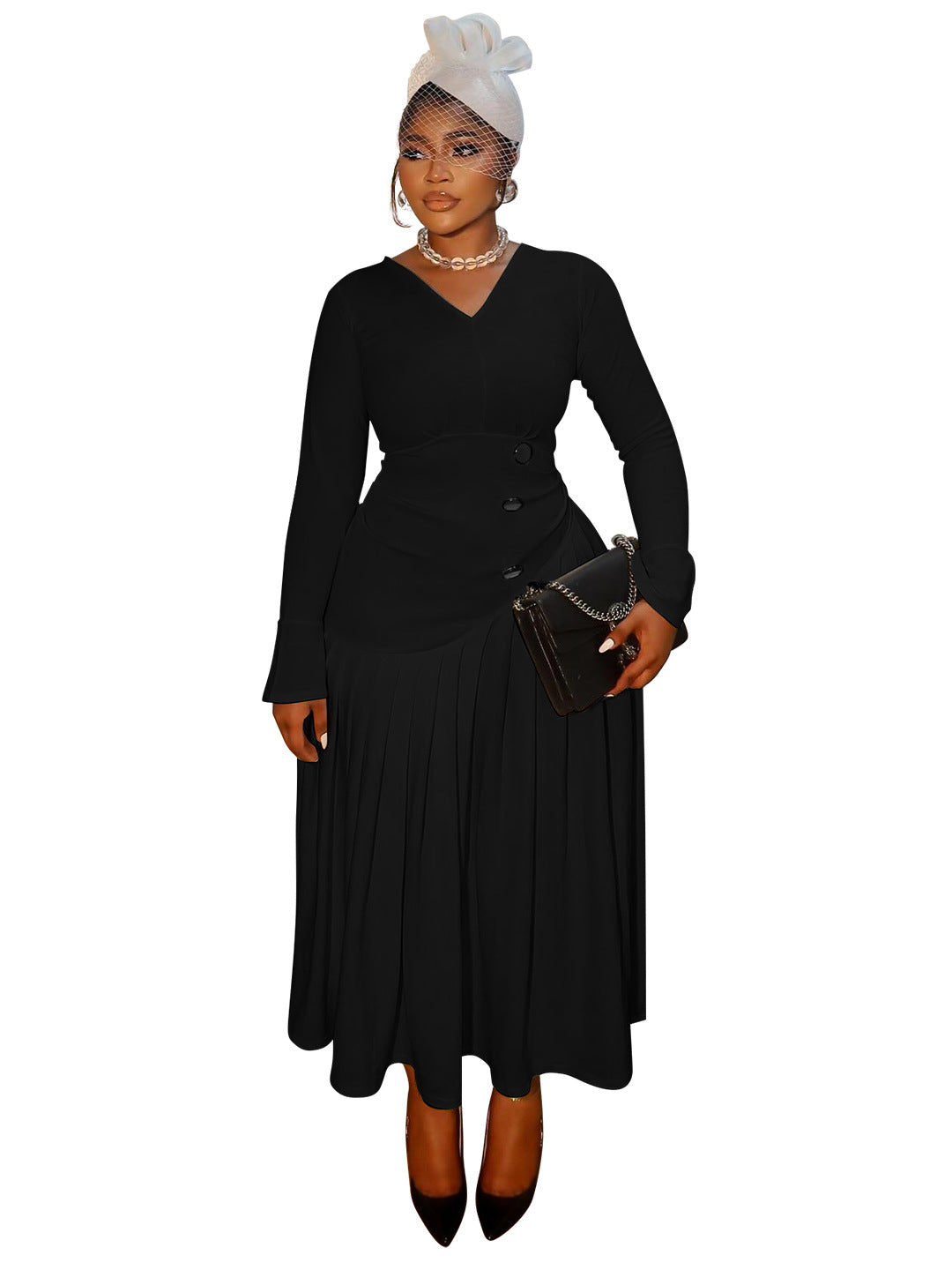 Women's Autumn Waist Trimming Fashion Pleated Long Dresses