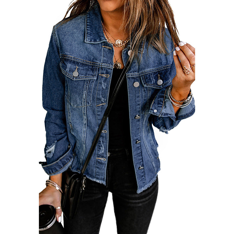 Women's Solid Color Single Row Washed Denim Cardigans