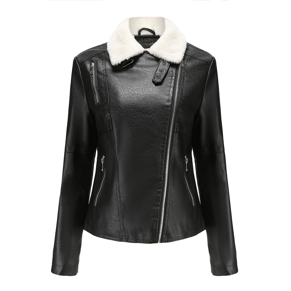 Women's Fur Integrated Leather Fleece-lined Long Sleeve Jackets