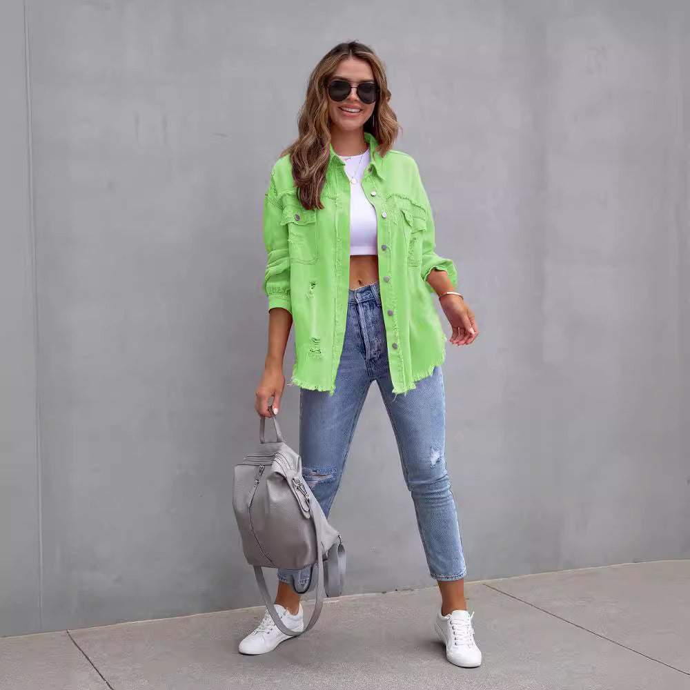 Women's Raw Hem Ripped Denim Long-sleeved Casual Jackets