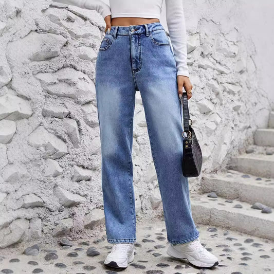 Women's Stretch Fleece Straight Slimming Denim Trousers Jeans