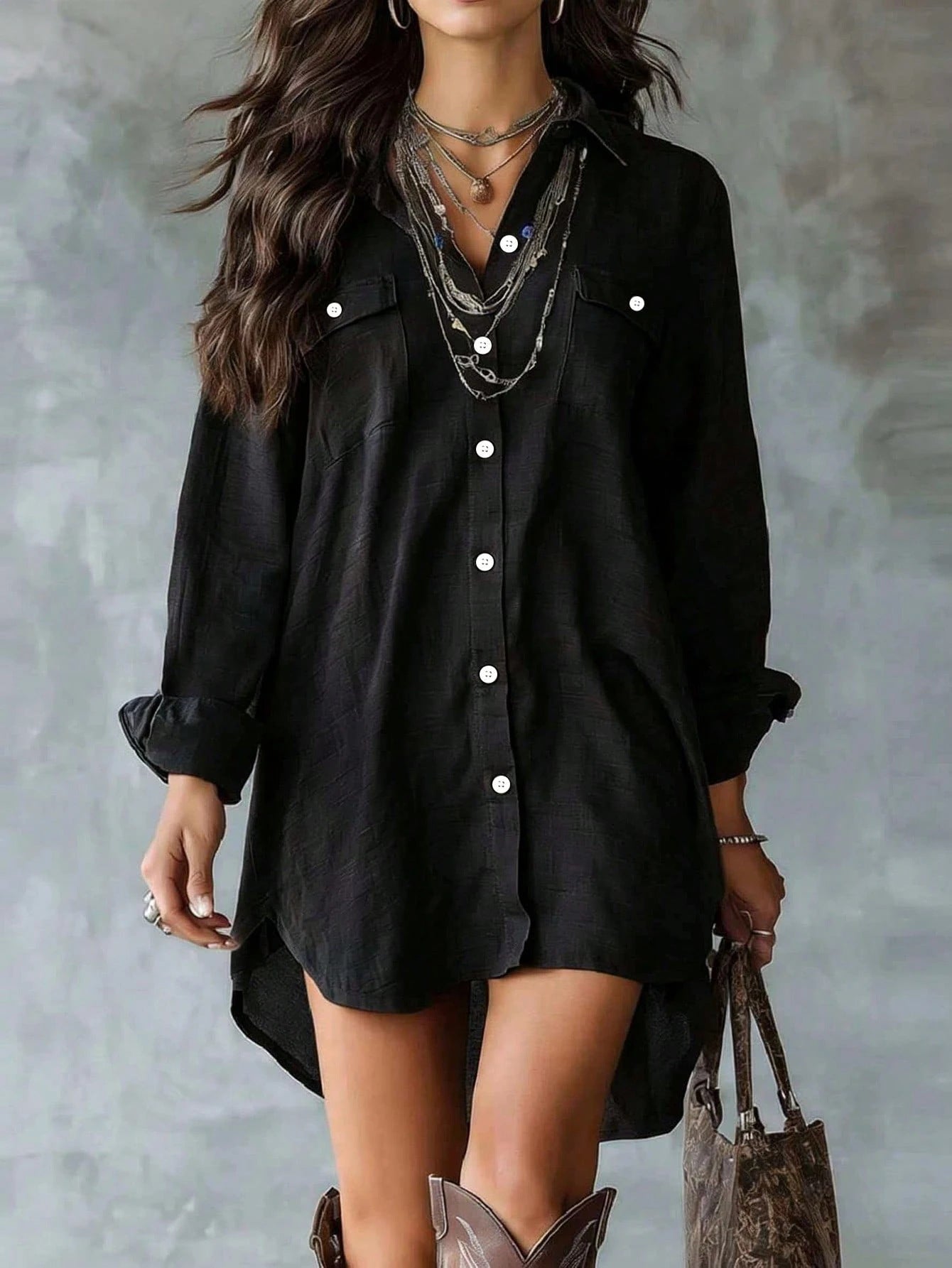 Cotton Linen Long Sleeve Button Shirt Slimming Slit Casual Dress