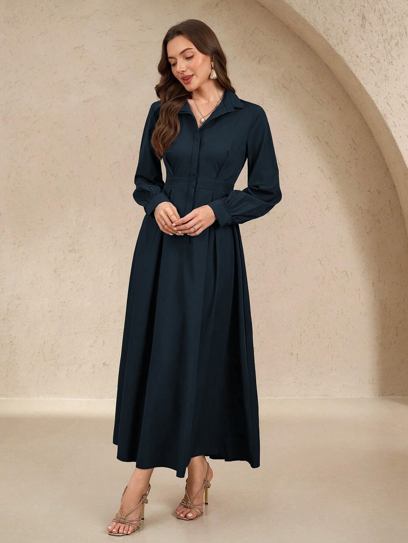Women's Collar Slimming Solid Color A- Line Dress