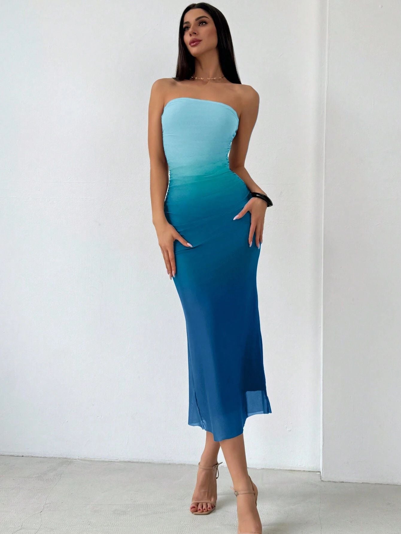 Gradient Pleated Sexy Tight Split Strapless Dresses