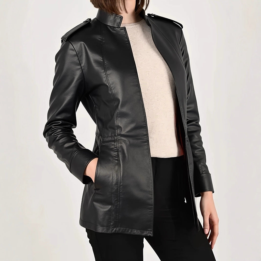 Women's Leather Stand Collar Long Sleeve Distressed Jackets