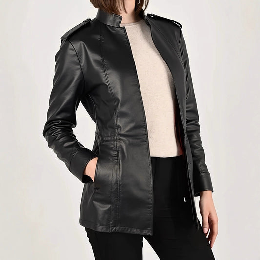 Women's Leather Stand Collar Long Sleeve Distressed Jackets