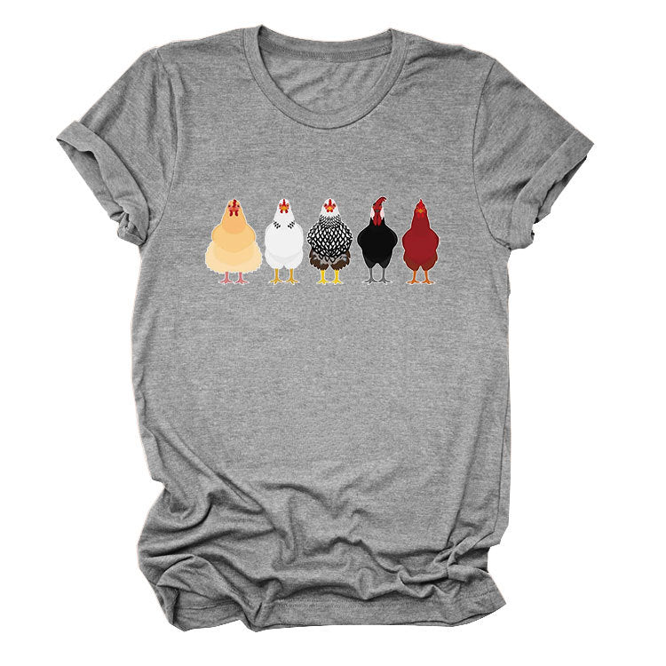 Women's Fun Chicken Round Neck Sleeve T-shirt Blouses