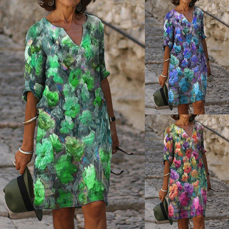 Women's Dress Autumn Fashion Positioning Flower Pattern Dresses