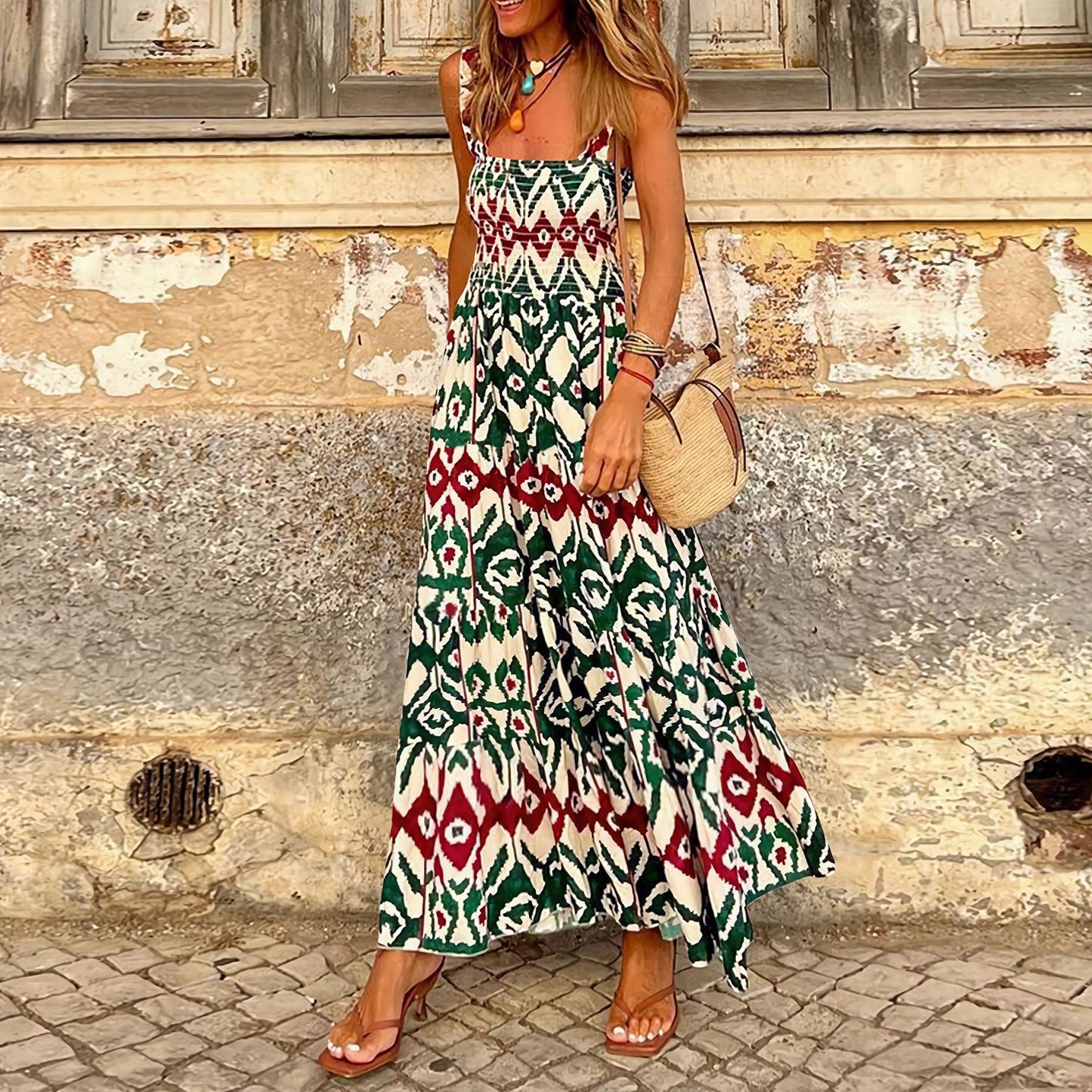 Women's Elegant Printed Elastic Suspender Vacation Style Dresses