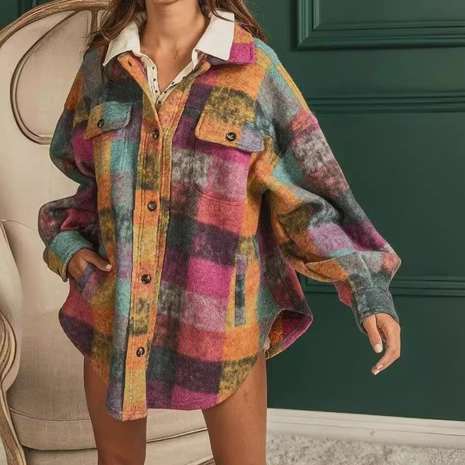 Women's Single-breasted Lapel Fleece Plaid Shirt Coats