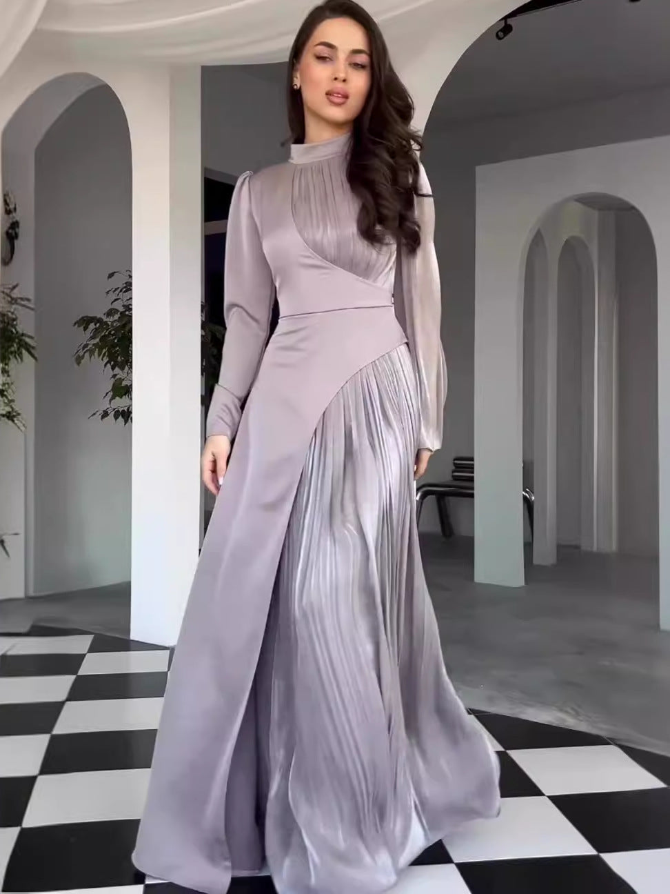 Women's Round Neck Contrast Color Long Sleeve High Waist Dresses