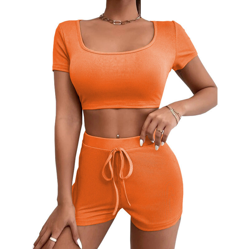 Women's Summer Solid Color Navel Square Collar Suits