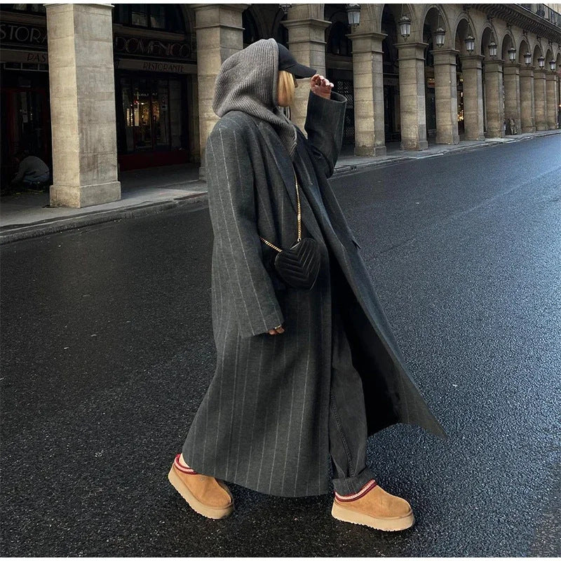 Women's Elegant Collar Striped Woolen Long Coats