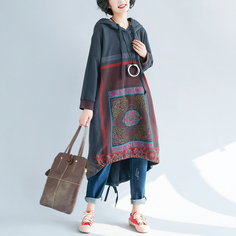 Women's Large Spring Hooded Loose Printed Long Dress Sweaters