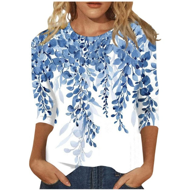 Women's Printed Sleeves Loose Crew Neck Casual Blouses