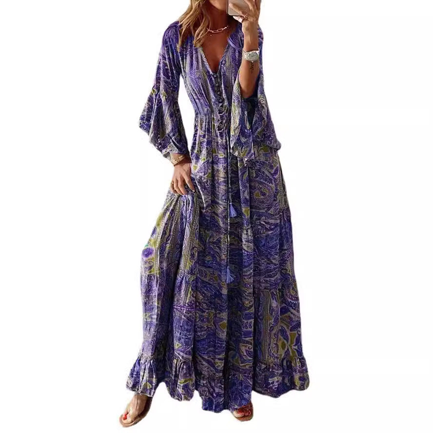 Sleeve Printed High Waist Holiday Dress Dresses