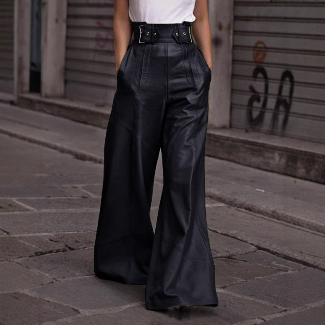 Women's Fashion Leather High Waist Loose Pockets Pants