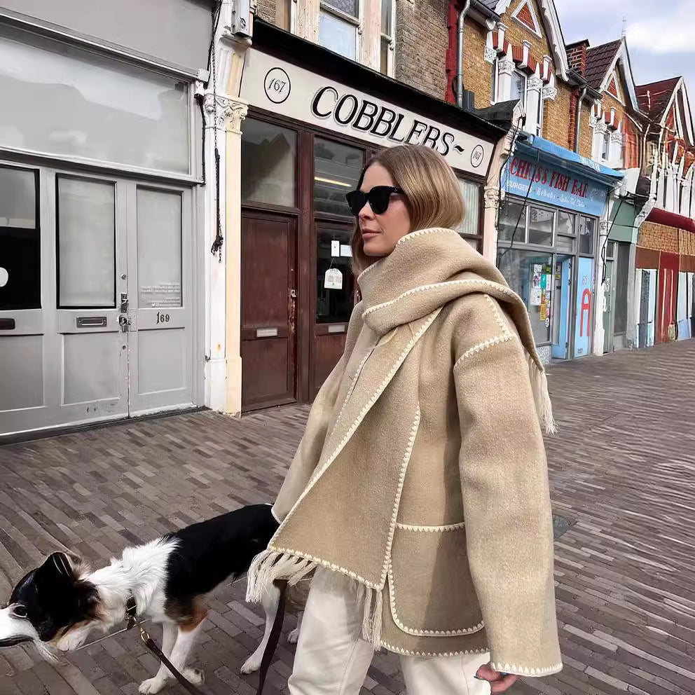 Women's Fashion Woolen Thick Loose With Scarf Coats