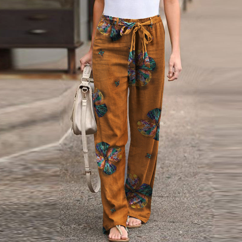 Women's Printed Cotton Linen Casual Comfortable Elastic Pants