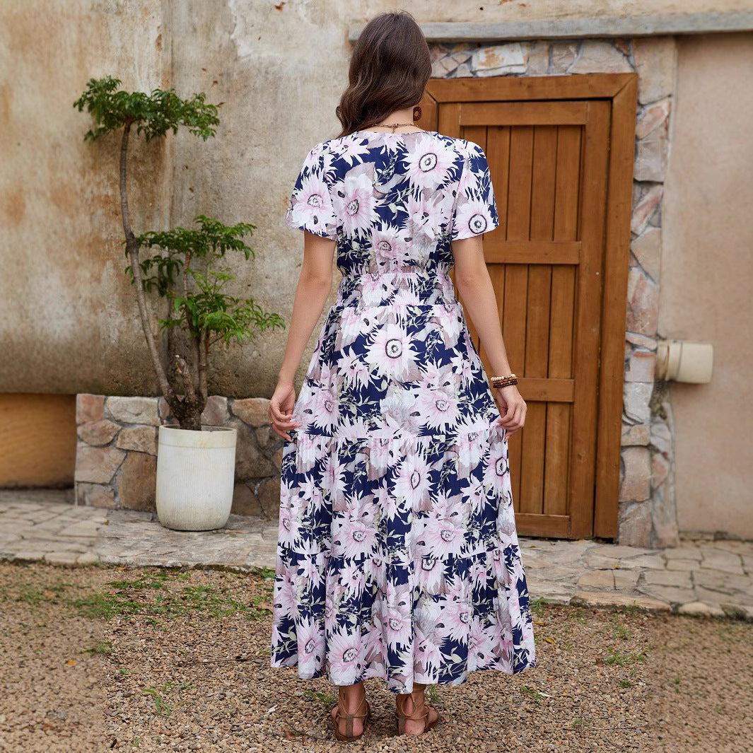 Women's Rayon Printed Sleeve Vacation Style Waist Slimming Dresses