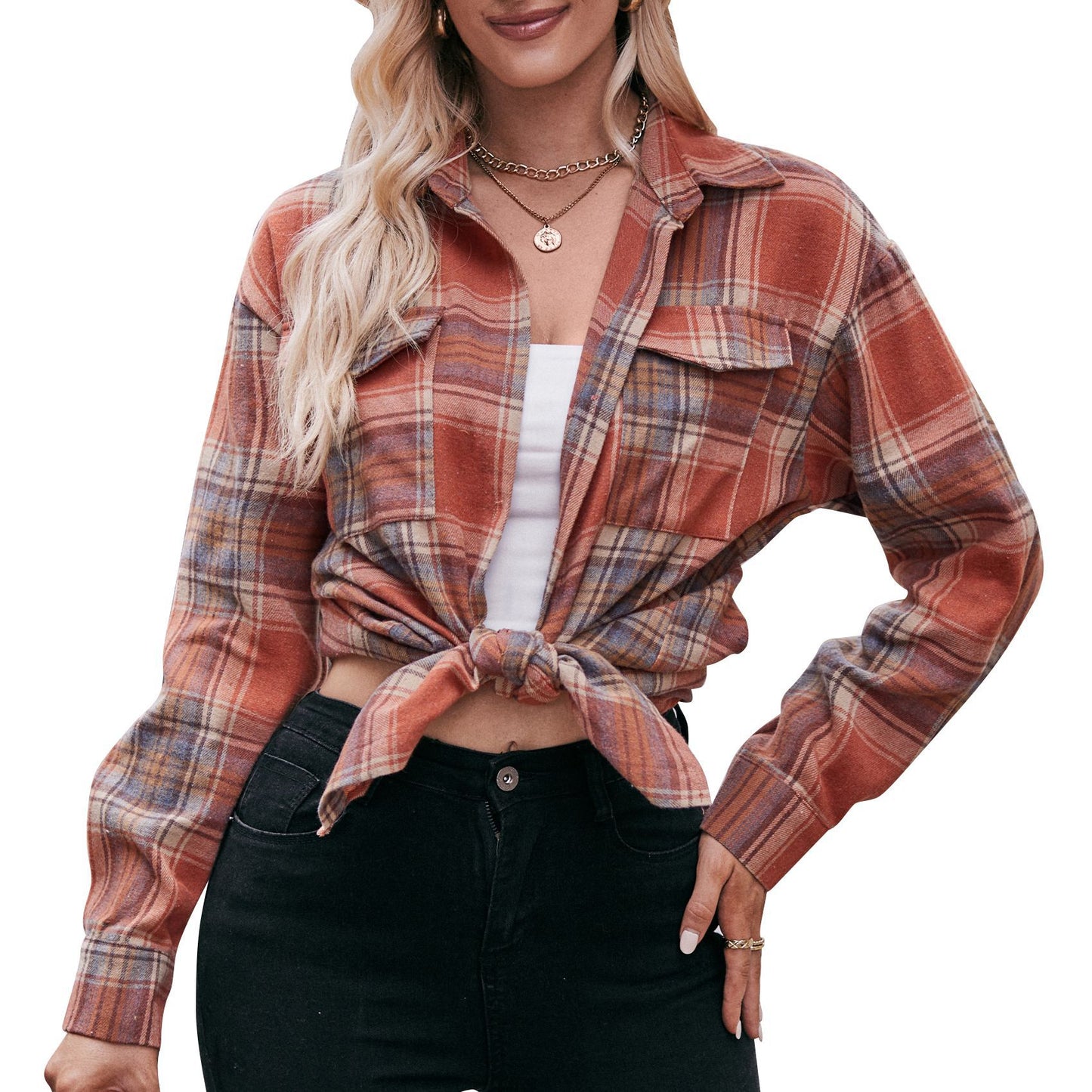 Women's Casual Fashion Loose Plaid Shirt Blouses