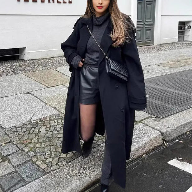 Women's Loose Double Buckle Lapel Long Overcoat Jackets