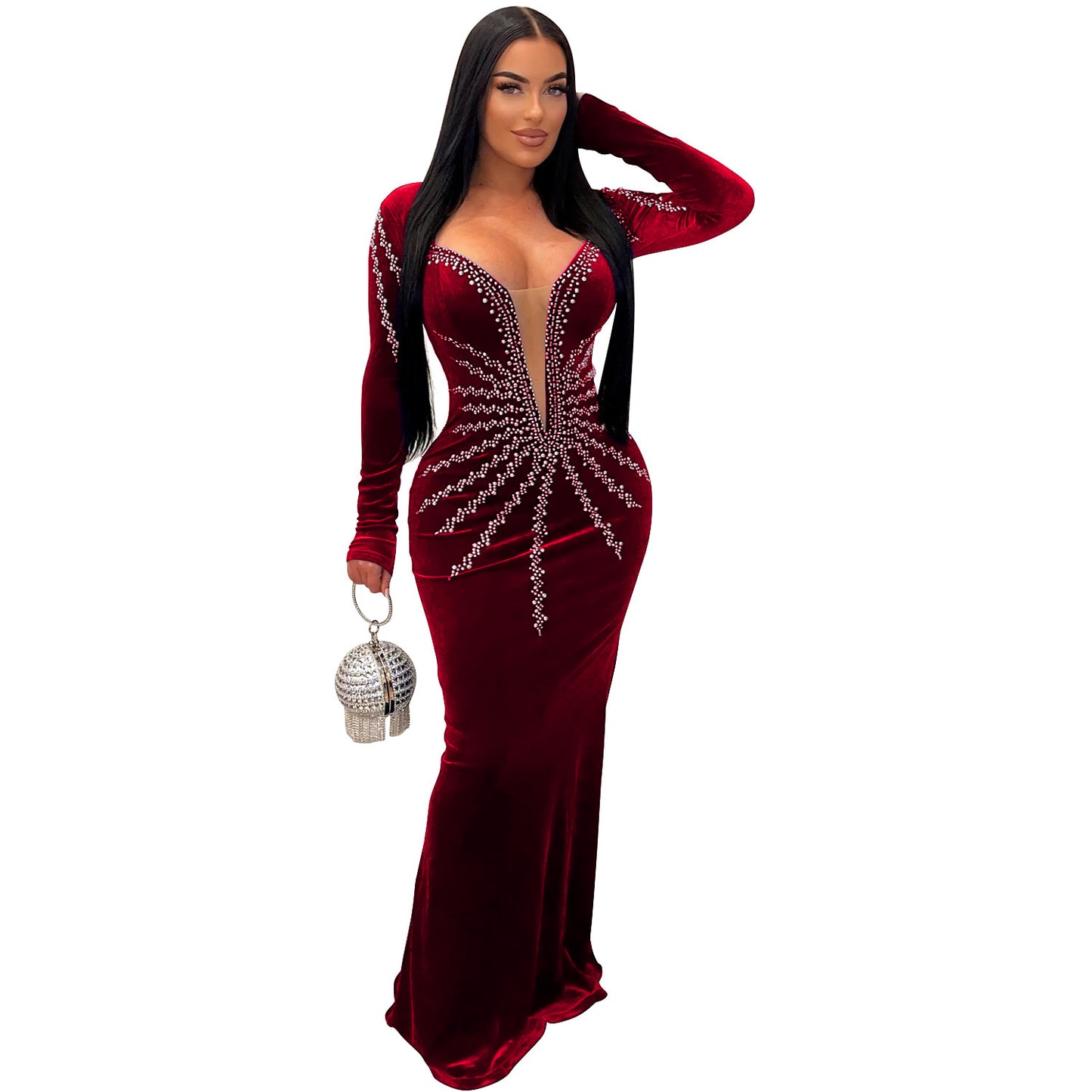 Women's Wear Solid Color Sexy Rhinestone Long Dresses