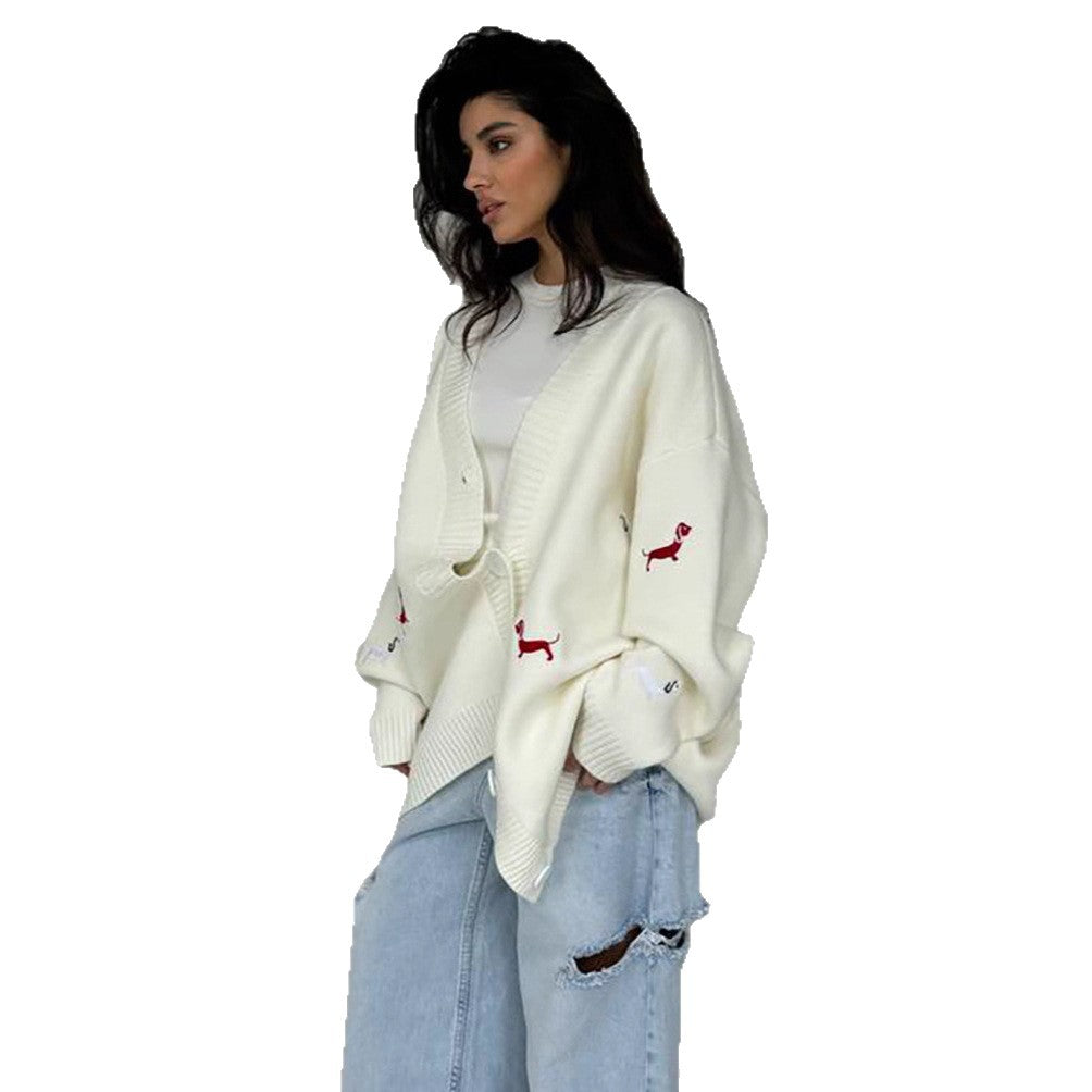Women's Sausage Dog Embroidered Soft Glutinous Fabric Everyday Sweaters