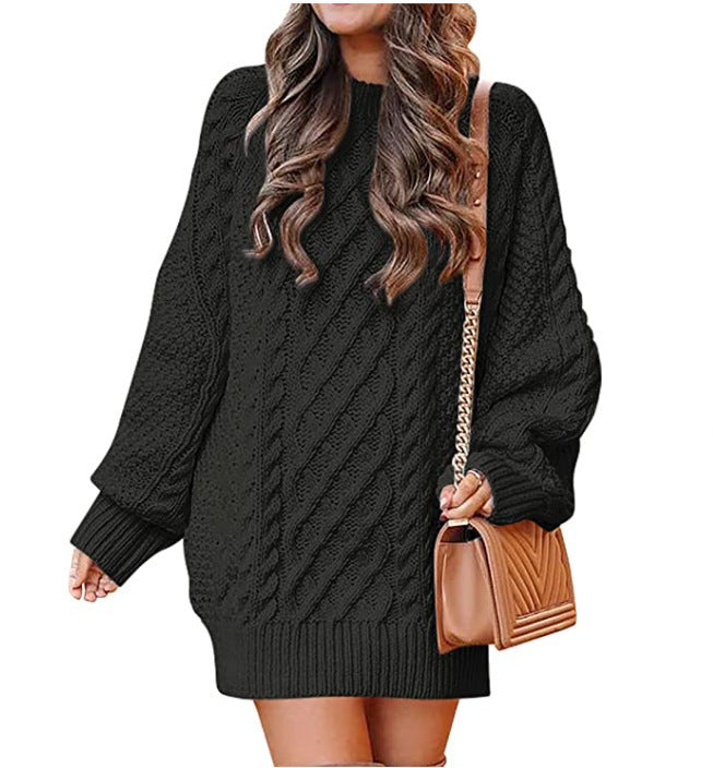 Women's Neck Long Sleeve Large Profile Twisted Knitted Knitwear