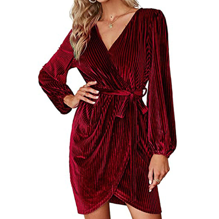 Women's Pure Color Tied Pleated Strip Dress Dresses