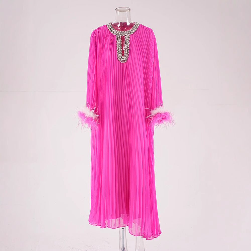 Women's Australian Fashion Beaded Feather Sleeve Long Autumn Hollow Pleated Dresses