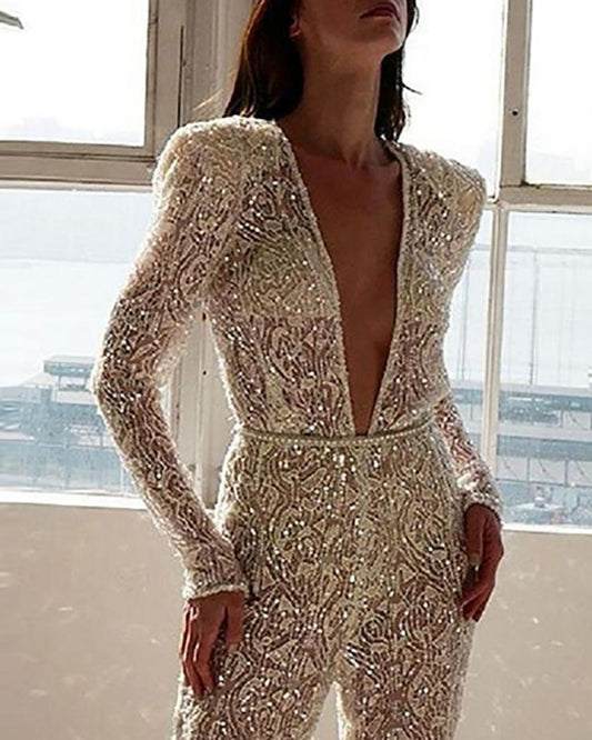 Women's Fashion Wear Sexy Gold Long-sleeved Trousers Pants