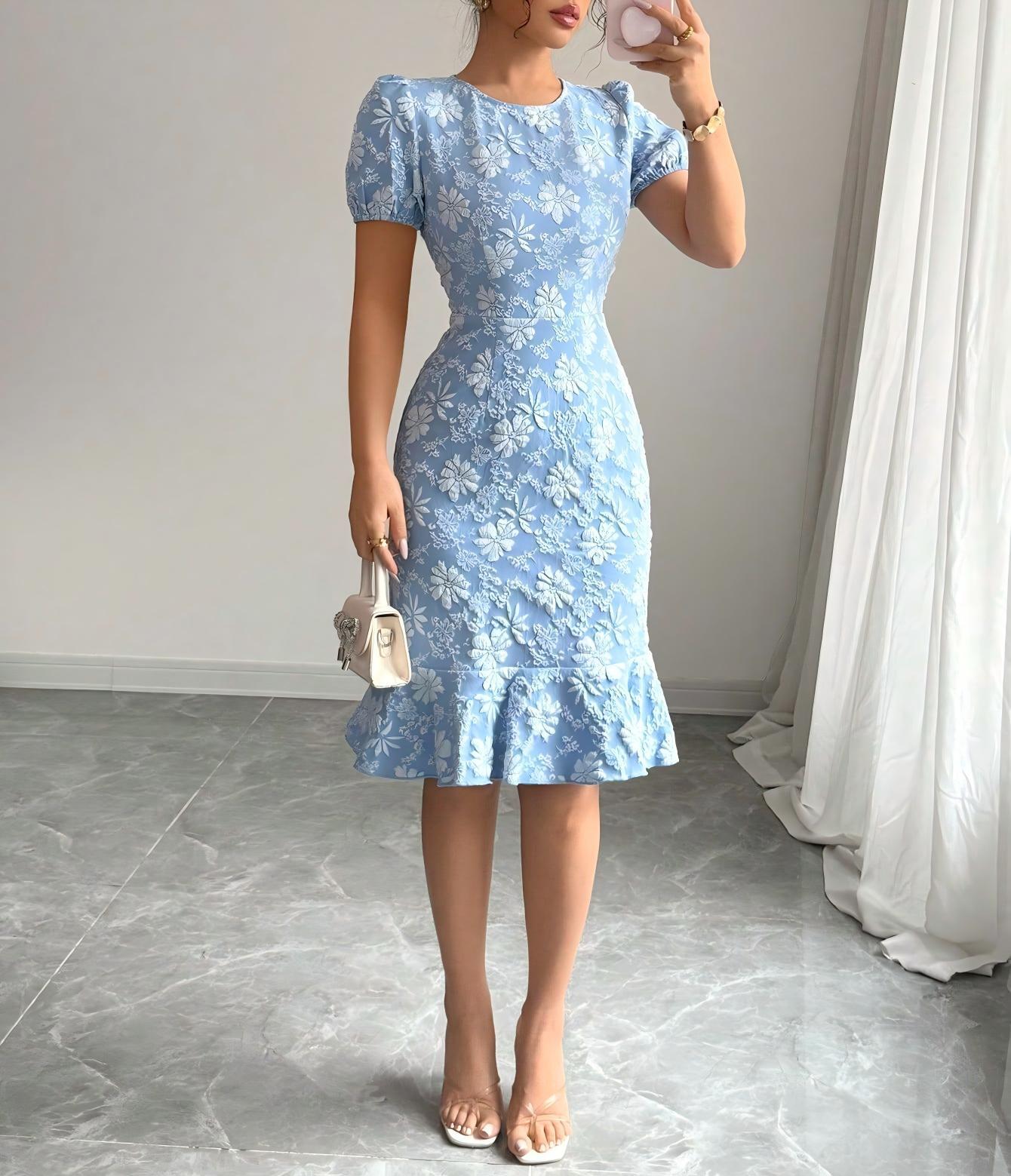 Women's Source Summer Bubble Sleeve Texture Jacquard Round Neck Retro Dress