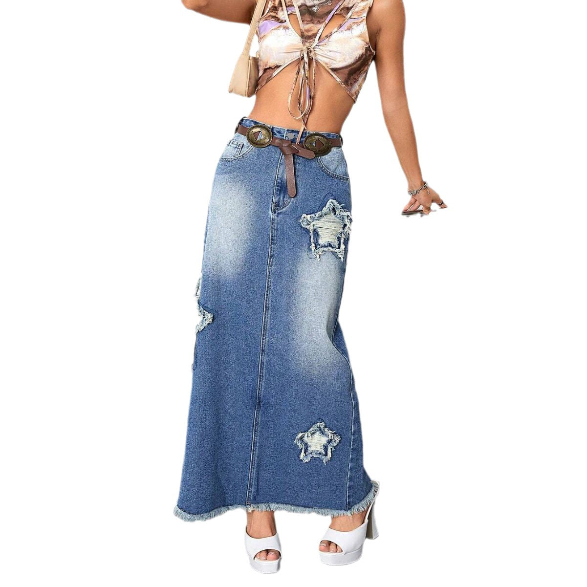 Women's Frayed Worn Denim High Waist Slit Skirts