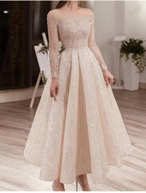 Long Sleeve Sequined Puffy Formal Dress Dresses