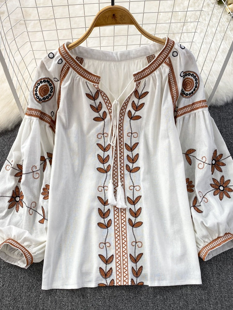 Women's Long Sleeve Round Neck Loose Embroidered Blouses