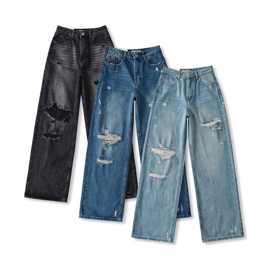Women's High Waist Loose Straight Ripped Summer Jeans