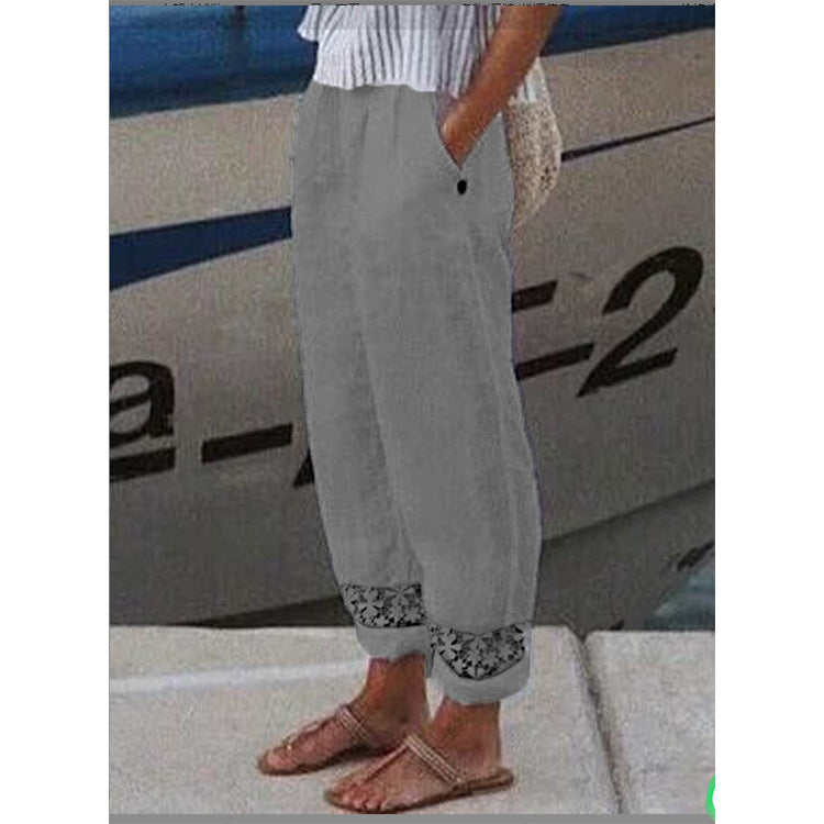 Women's Autumn Woven Cotton Linen Lace Pocket Pants