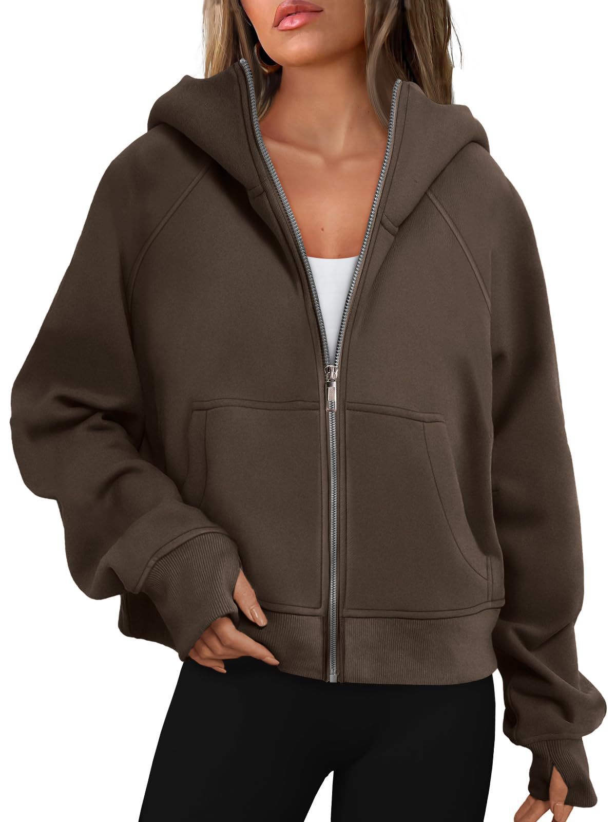 Women's Loose Zip Long Hooded Thumb Hole Brushed Women's Sweater, Sweater