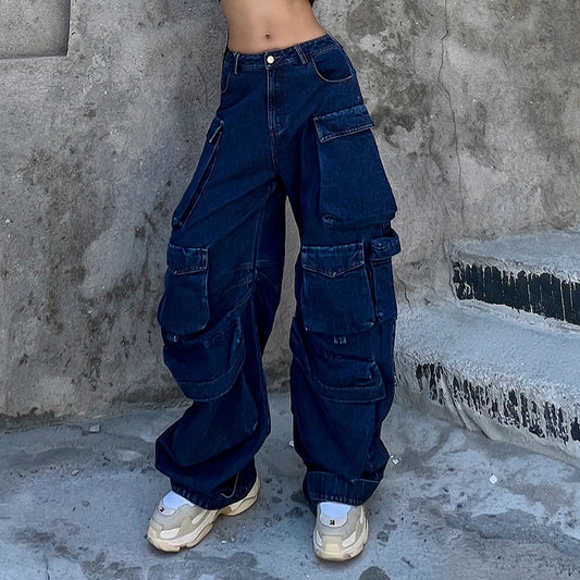 Women's Waist Large Pocket Loose Casual Cool Jeans