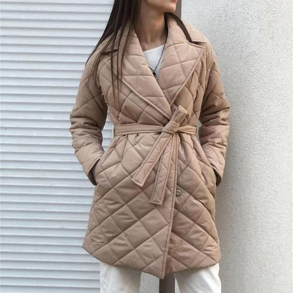 Lapel Mid-length Breasted Belt Fashion Diamond Coats