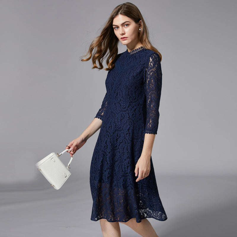 Women's Blue Lace Dress Loose Large Swing Casual Slimming A- Skirts