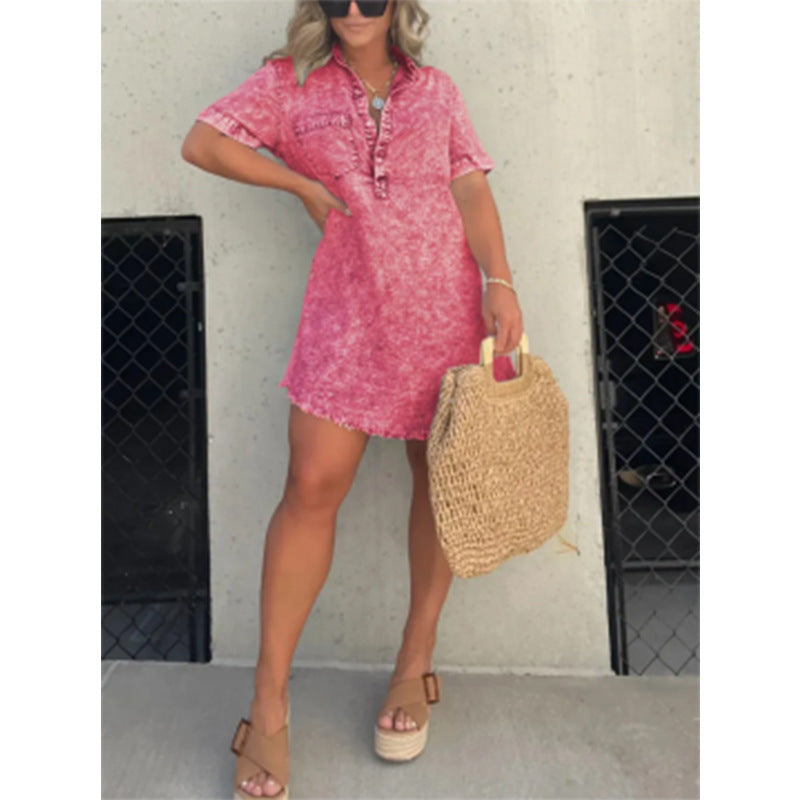 Summer Shirt Collar Denim Tassel Hem Dresses