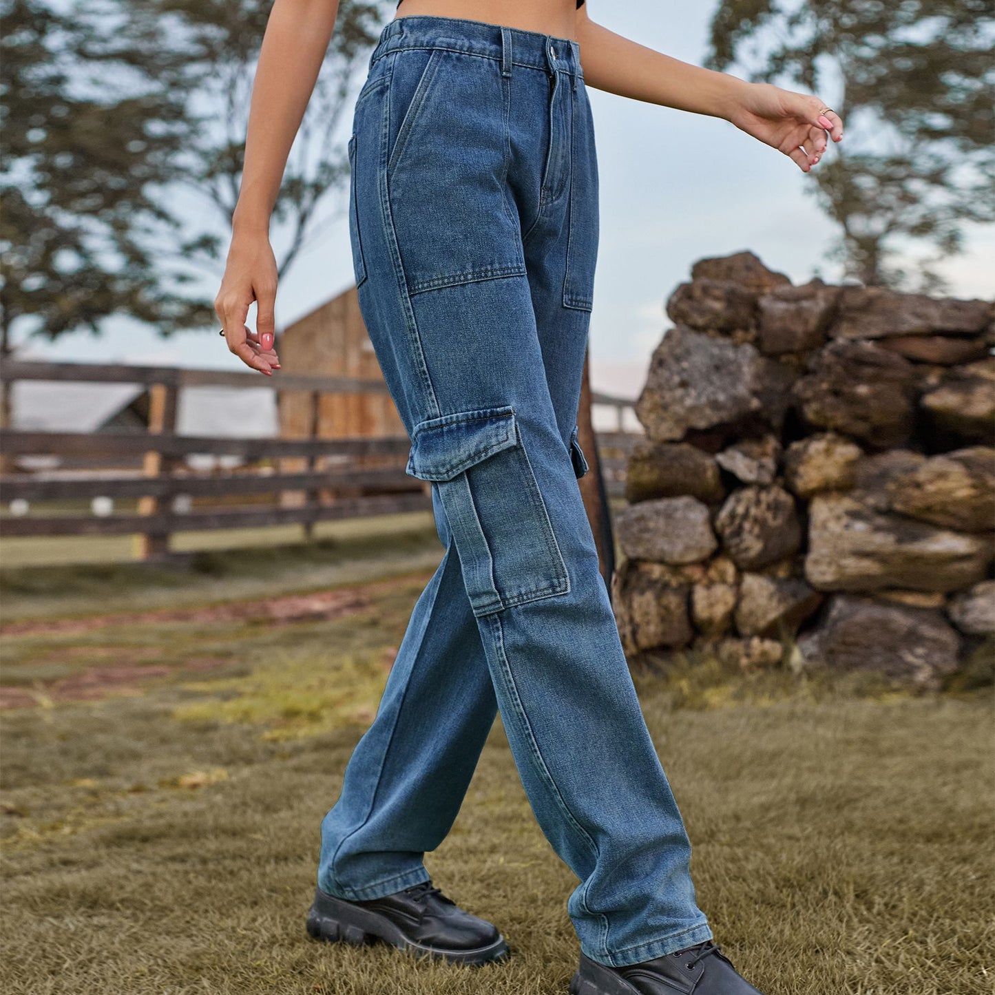 Women's American Retro Washed Design Personality Denim Cargo Jeans