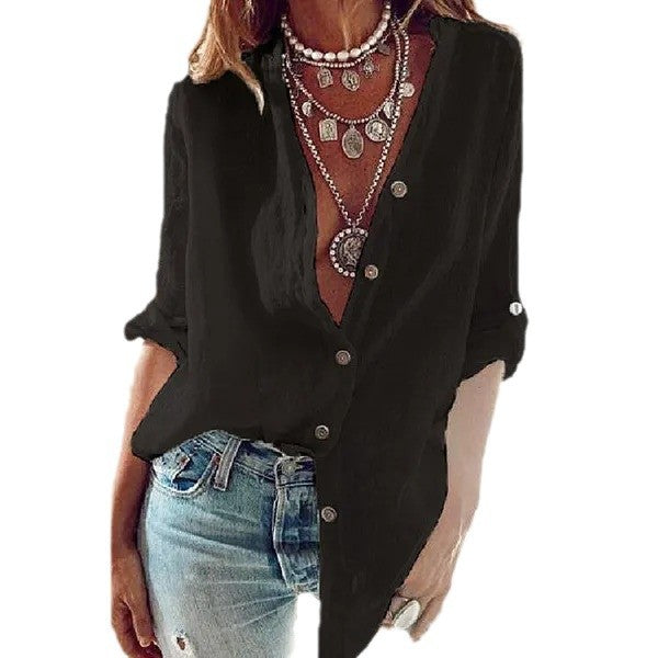 Women's Pure Color Cotton Rollable Sleeves Loose-fitting Blouses