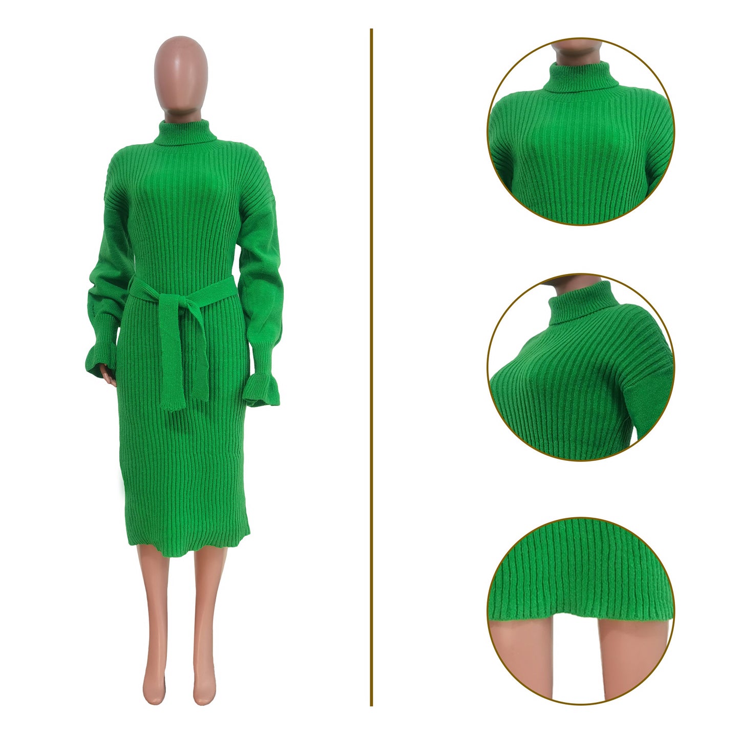 Women's Solid Color Turtleneck Knitting Tied Dress Dresses