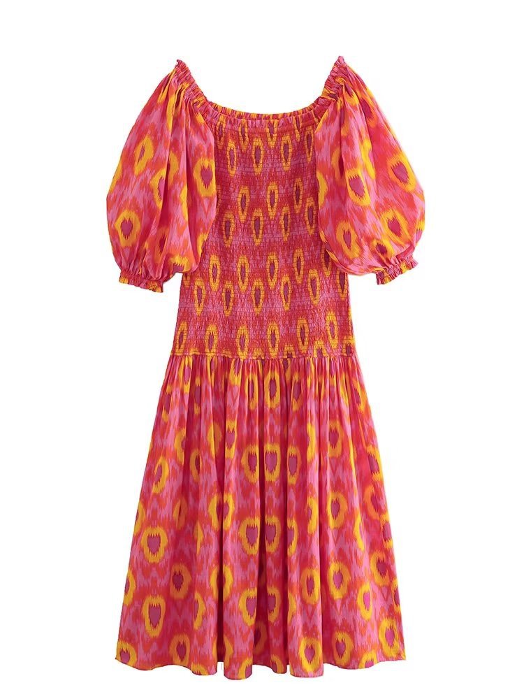 Women's Versatile Printed Midi Sleeve Dress Dresses